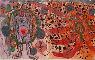 Seema Christie, Pieta/The Holding II Universal Life Force Energy, Tempera on paper, yarn, pen, 4" x 10 3/8", 2003