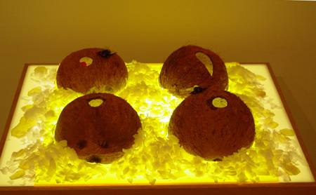 Cecil Chong, Coco2, coco3, Coco Rico, coconut shells, coconut, shavings, peachy gummies, jelly rings, gummi teeth, Nestle snowcaps, plastic toys, snowcaps, plastic toys, plexi glass, light box