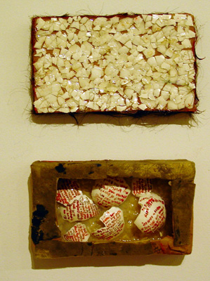 Olgica Radulov, Nest, Cardboard, rice, eggshell, ink, hair, cloth, brown paper, polymer